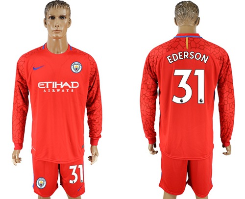 Manchester City #31 Ederson Red Goalkeeper Long Sleeves Soccer Club Jersey